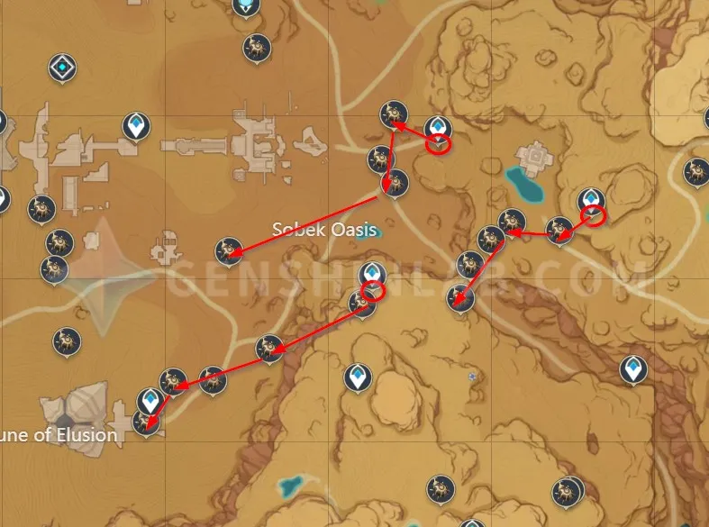 Peta dan jalur farming material ascend Cyno di gurun.